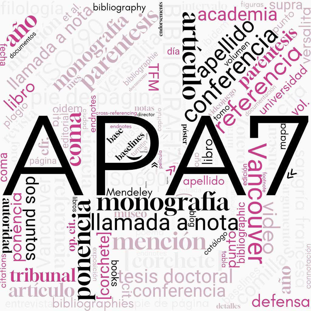 imagen decorativa para el blog con nube de palabras con diferentes palabras relacionadas con el sistema de citación APA7 en negros y los colores de la web de correcciones santaella