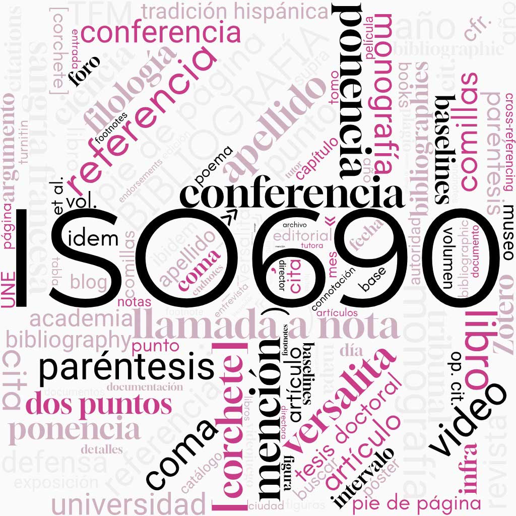 nube de palabras con diferentes palabras relacionadas con el sistema de citación ISO690 en negros y los colores de la web de correcciones santaella