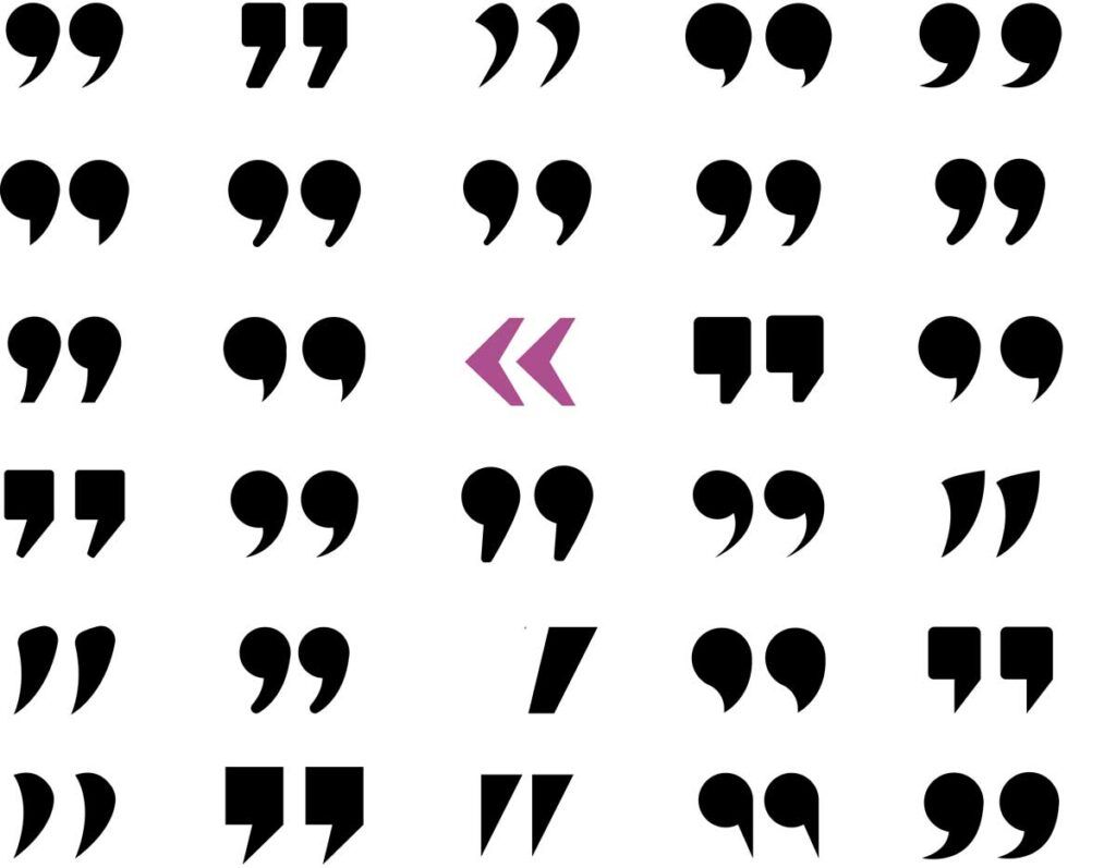 imagen decorativa para el blog con diferentes tipos de comillas donde destaca la comilla latina en el color morado del logo de correccionessantaella