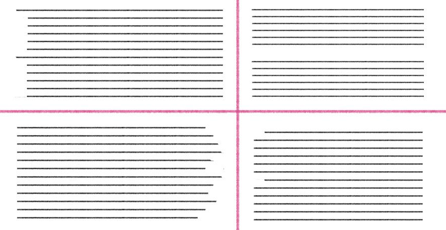 Imagen con una cruz rosa en el centro que separa cuatro tipos de párrafo con líneas negras