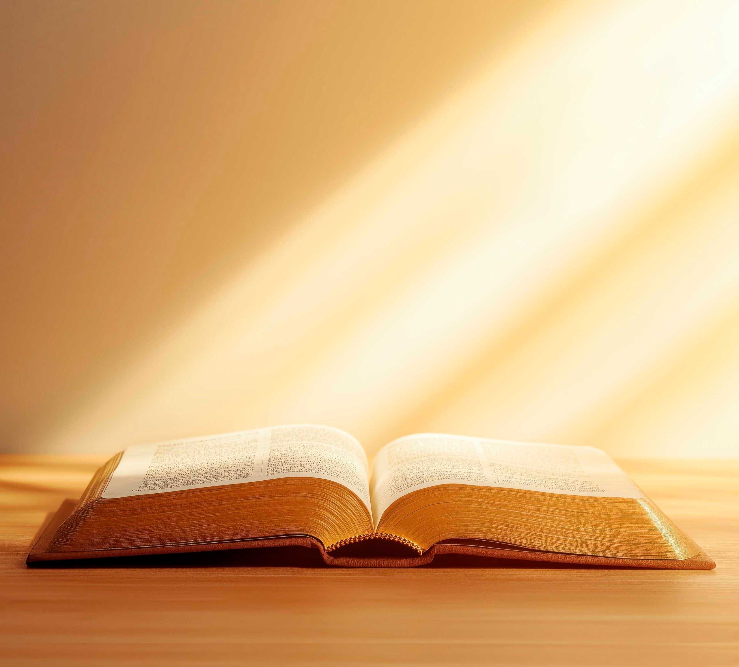 libro abierto sobre una mesa e iluminado en luz cálida