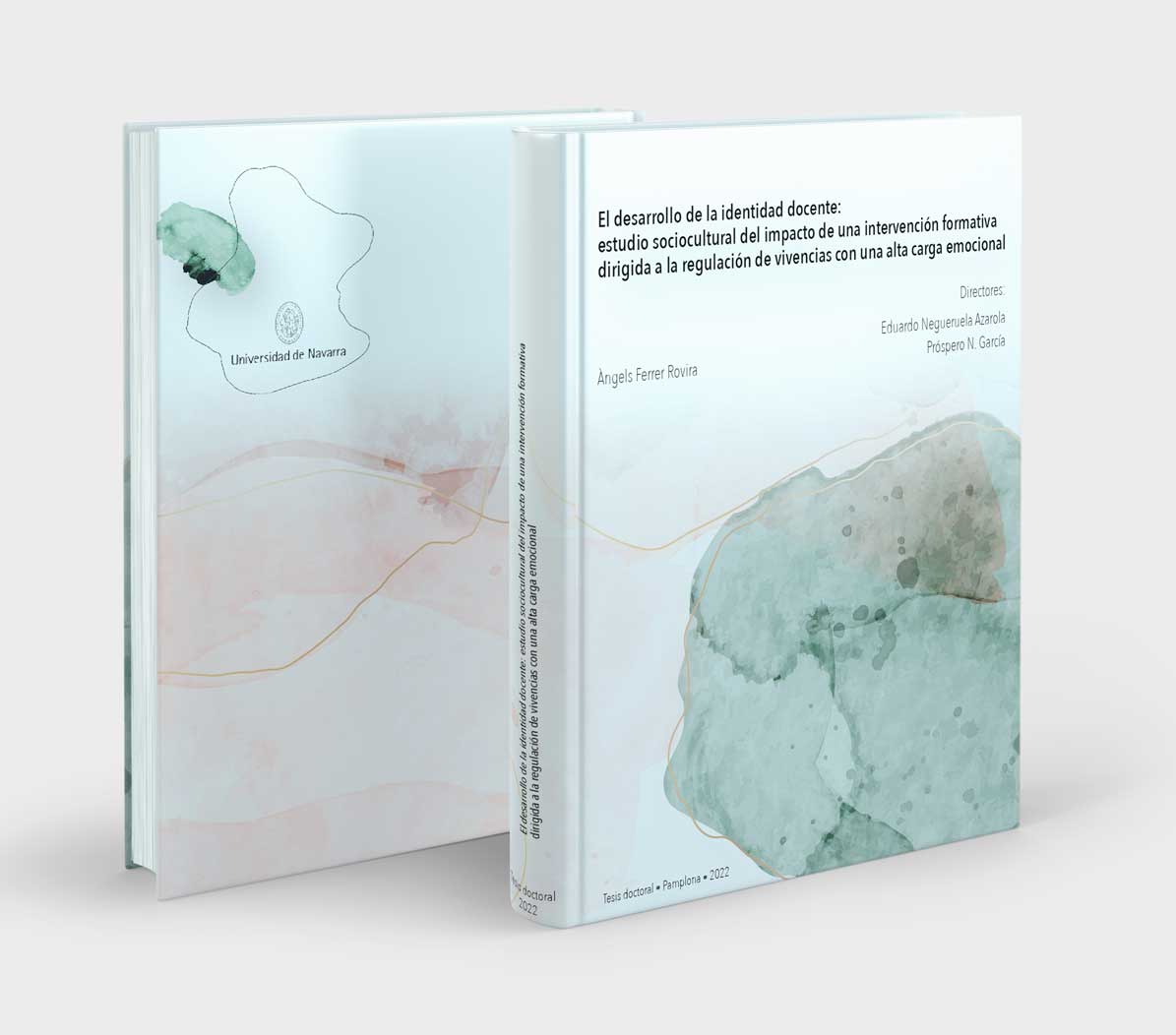 Ejemplo de maquetación de tesis doctoral El desarrollo de la identidad docente. Universidad de Navarra. Portada en blanco flor en acuarela rosa y verde pastel