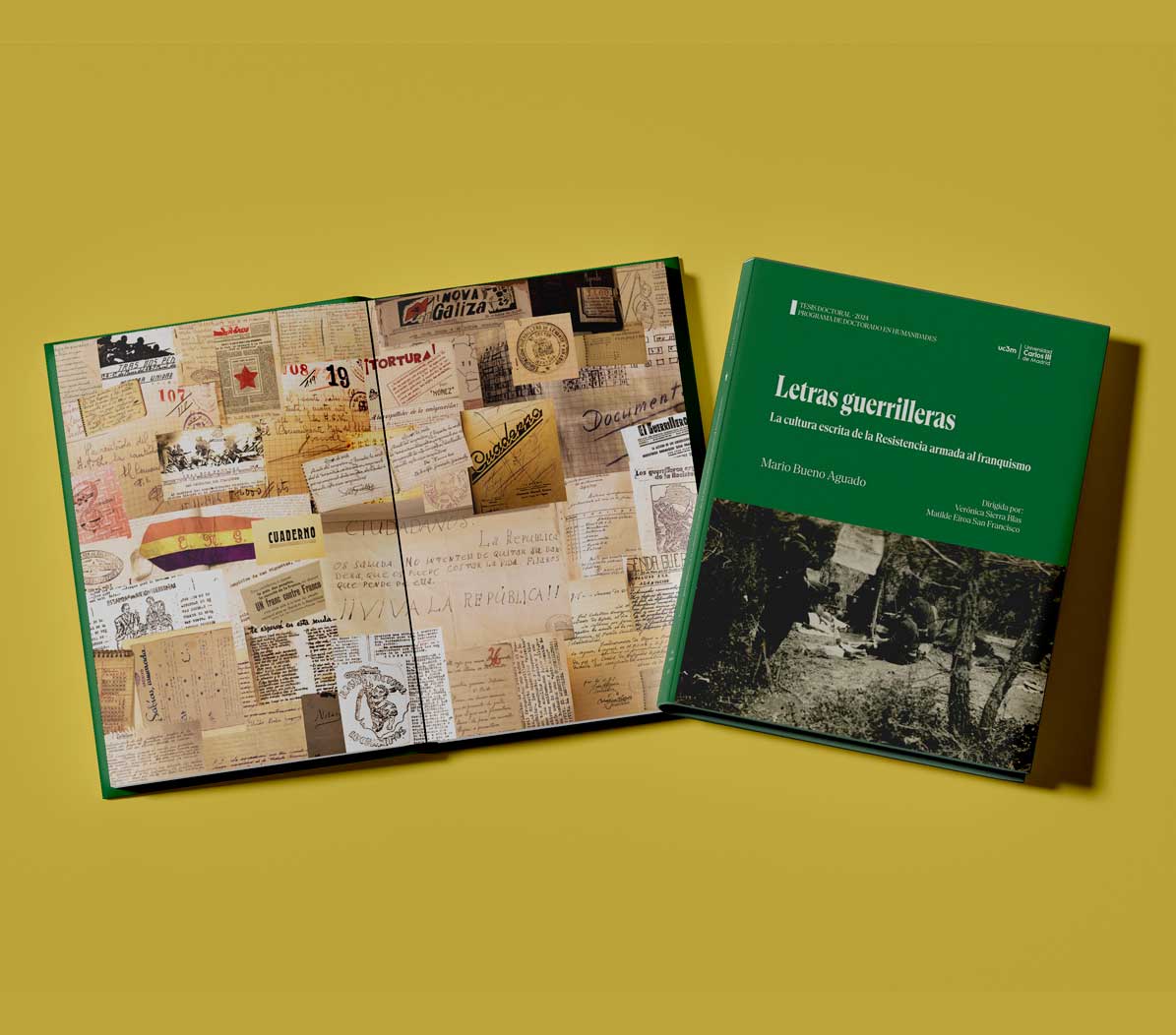 Ejemplo de maquetación de tesis doctoral Letras guerrilleras de Mario Bueno Aguado. Universidad Carlos III. En la imagen se ve la portada, verde con una foto en blanco y negro de guerrilleros maquis en el campo, y las guardas compuestas de fragmentos de documentos antiguos. Todo sobre fondo ocre.
