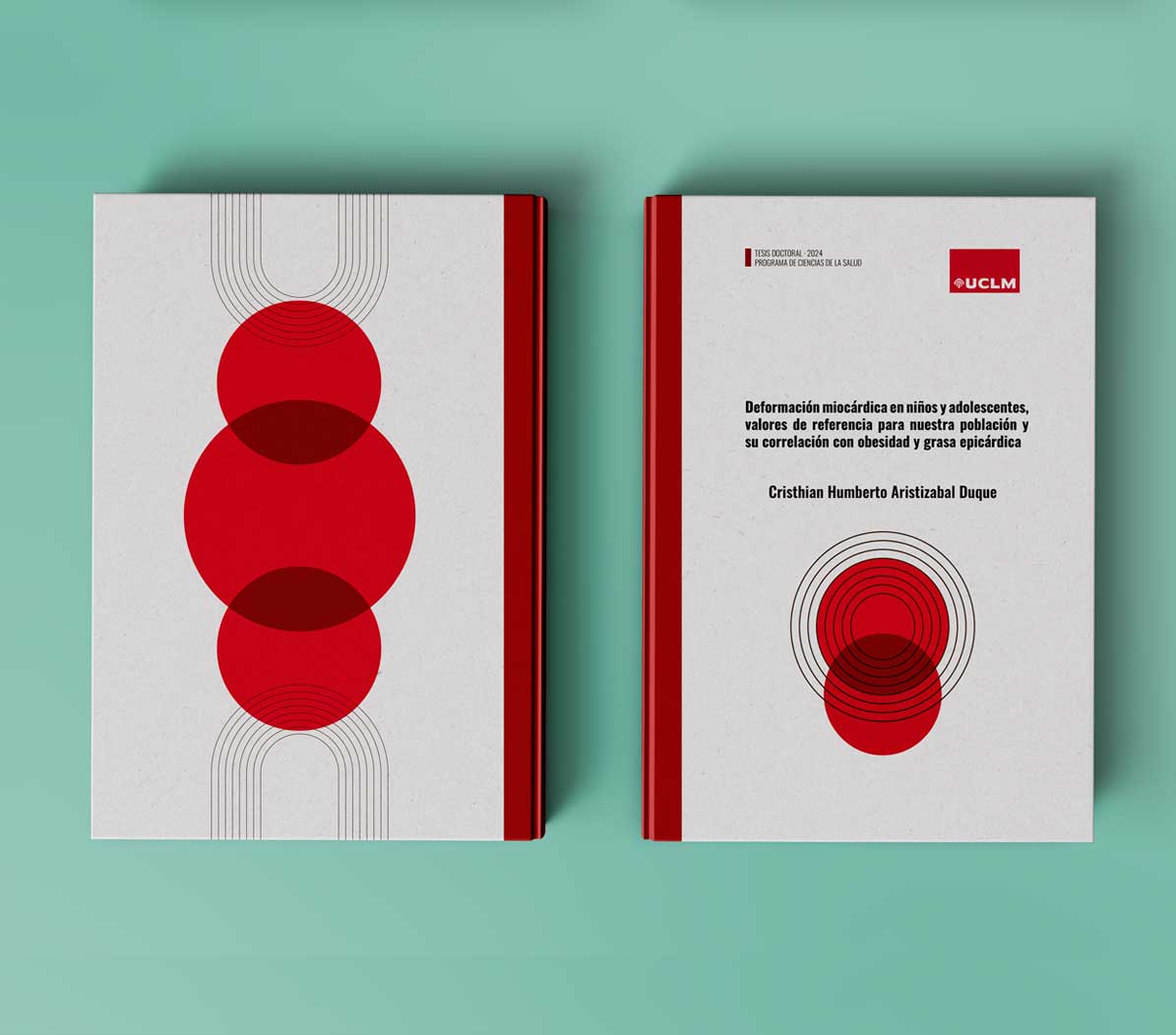 Ejemplo de maquetación de tesis doctoral Deformación miocárdica en niños y adolescentes para nuestra población y su correlación con obesidad y grasa epicardica de Christian Aristizabal. Portada en gris con lomo y círculos decorativos rojos