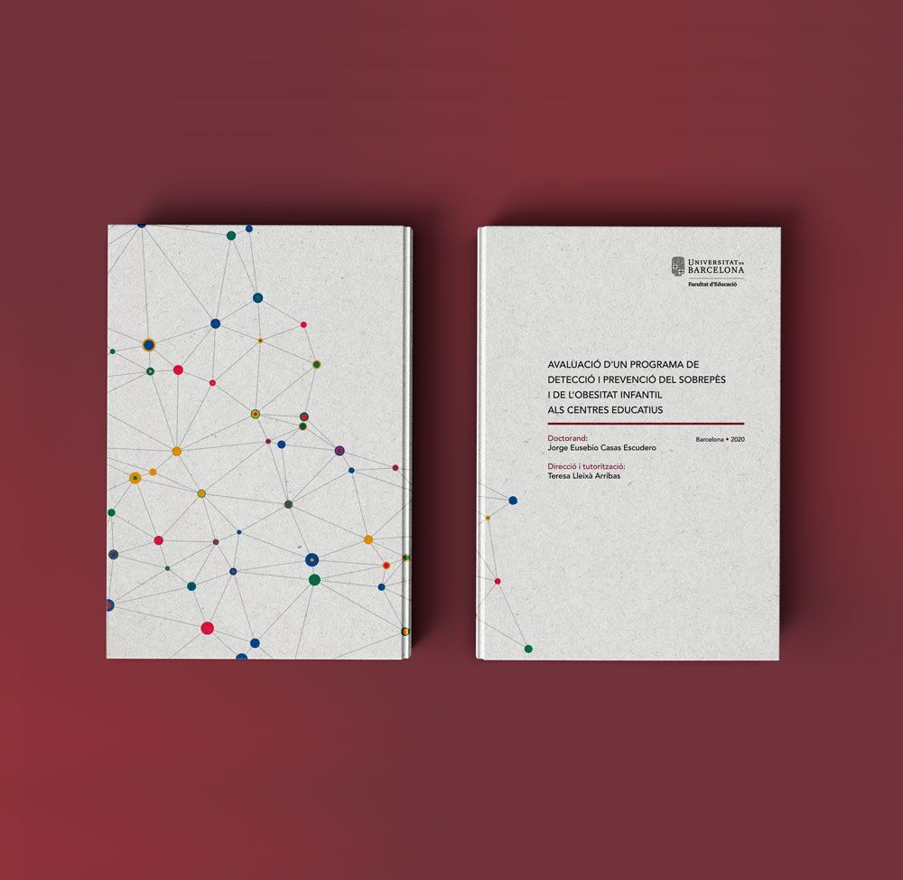 Ejemplo de portada de tesis doctoral de Jordi Casas sobre educación y sobrepeso. Universitat de Barcelona. Cubierta blanca con puntos de colores unidos en red sobre fondo granate